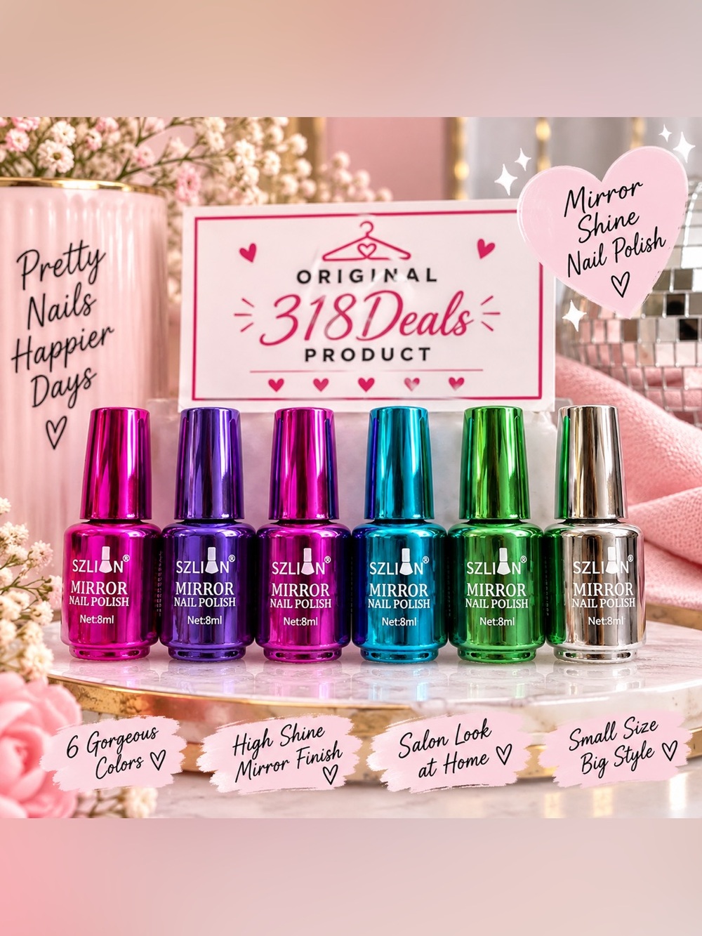 SZLION Mirror Shine Nail Polish Set — Pink, Purple, Blue, Green, Silver